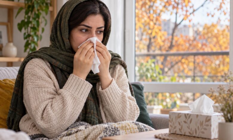 فردی با آبریزش بینی در فصل پاییز؛ آلرژی پاییزی یا سرماخوردگی